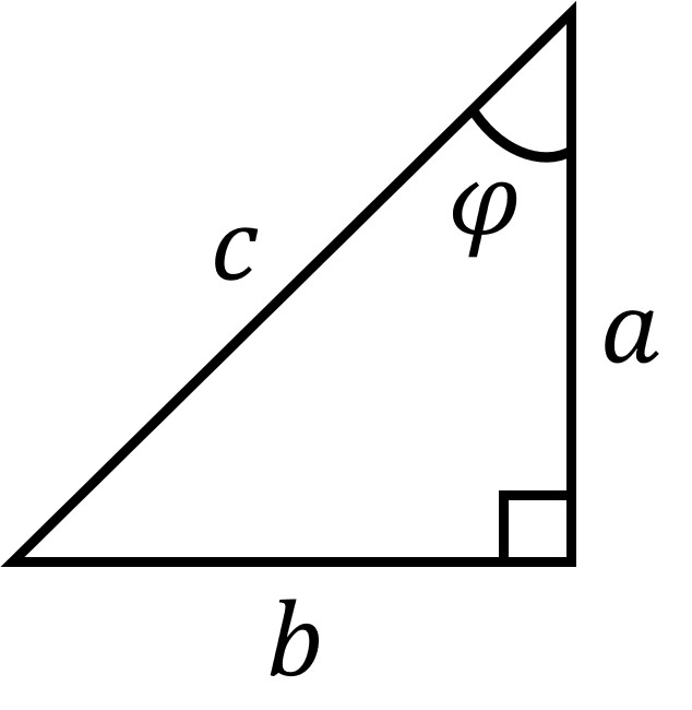 right triangle with angle phi labeled in upper right corner with adjacent side labeled a, opposite side labeled b, and hypotenuse labeled c