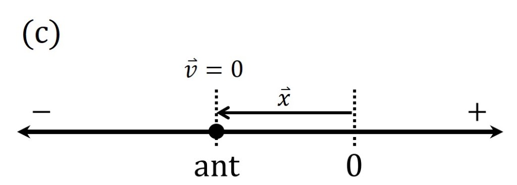 position vector points left; velocity vector is zero